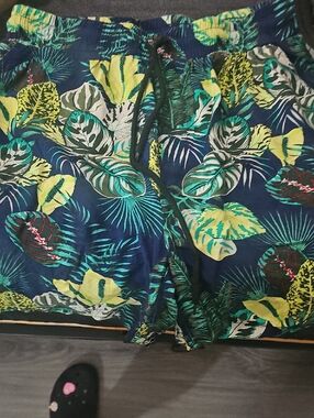 Tropical Leaf Print Swim Shorts - Navy & Lime